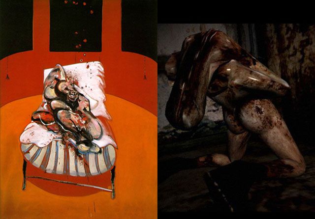 Fragmento de 'Tres estudios de Lucian Freud', de Francis Bacon, y escena de 'Silent Hill'