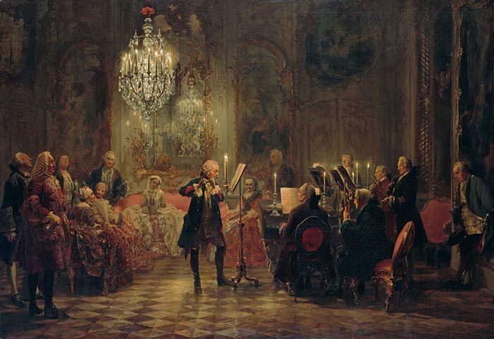 Concierto de flauta con Federico el Grande en Sanssouci, de Adolph Menzel (1850-52). Wikimedia Commons. 