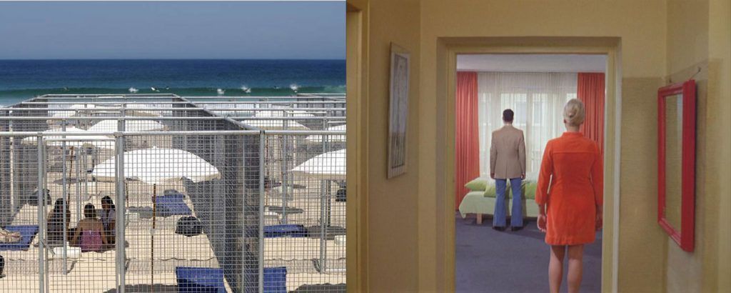 Izquierda: ‘21 Beach Cells’, Gregor Schneider, 2007, Bondi Beach, Sydney. Derecha: Escena de la película ‘Todos nos llamamos Alí’ (R.W.Fassbinder, 1974).