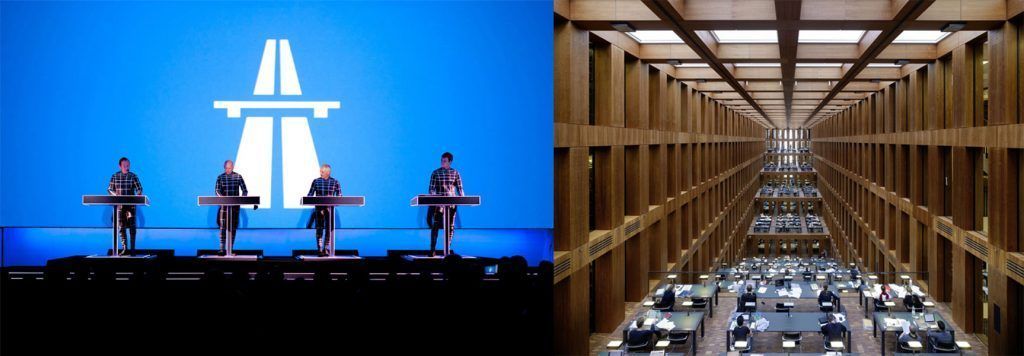 Izquierda: Kraftwerk durante un concierto del disco ‘Autobahn’ en el MoMa, Nueva York, 2012. Derecha: Biblioteca de la Humboldt-Universität, Max Dudler, Berlin, 2009.