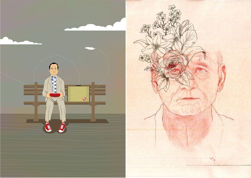 A la izquierda, la ilustración de Pedro Peinado sobre el posible papel de Bill Murray interpretando a Forrest Gump. A la derecha, Murray y sus Flores rotas, dibujado por Lucía Hidalgo.
