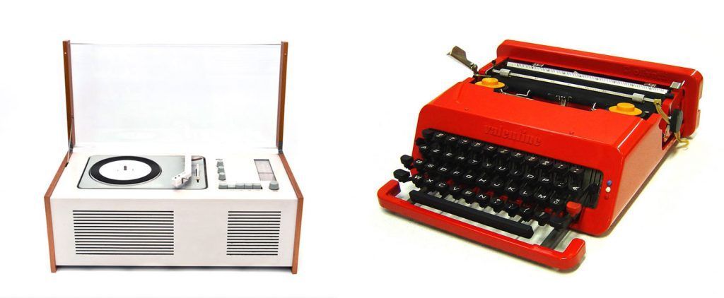 Grabador-reproductor SK-4 de Dieter Rams y la máquina de escribir Olivetti de Ettore Sottsass.