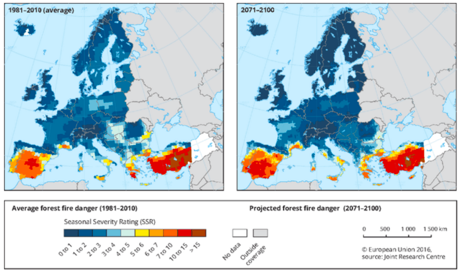 Figura 2: Estado actual y evolución prevista del riesgo de incendios en Europa