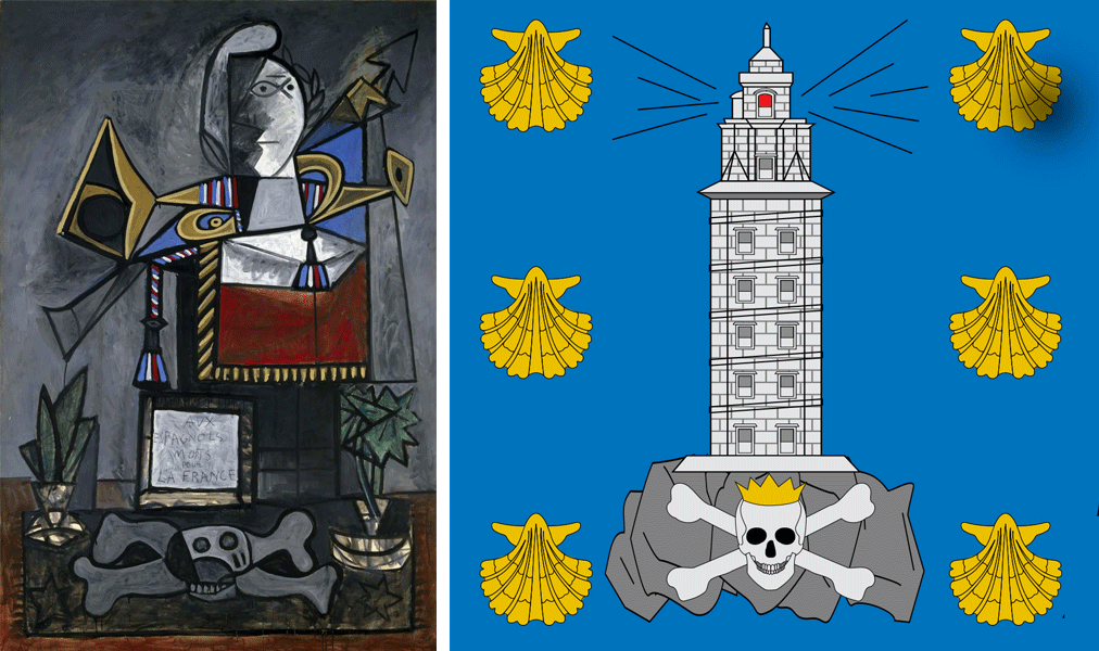 Lienzo “Monumento a los españoles muertos por Francia’ (1946-1947, Colección Museo Reina Sofía), a la izquierda, comparado con el escudo de A Coruña, a la derecha. 