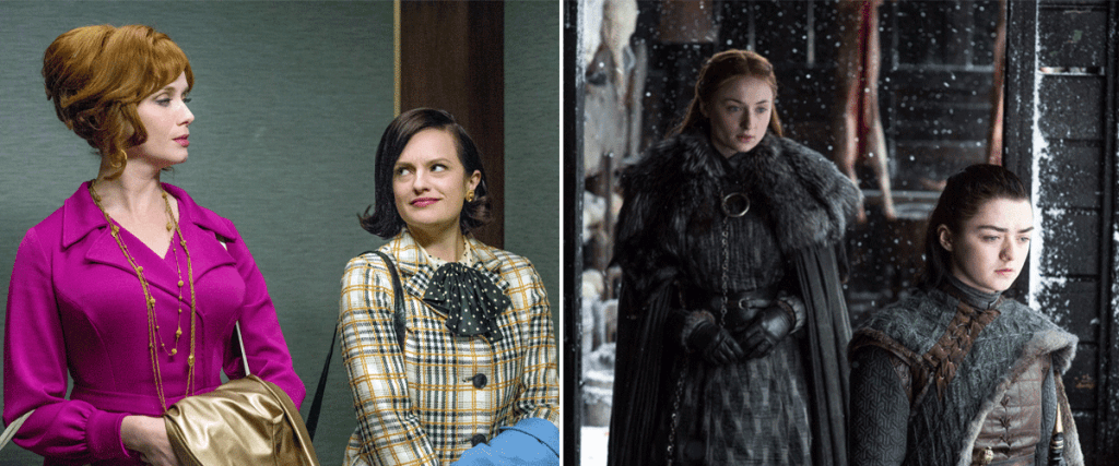 Peggy Olson y Joan Holloway en Mad Men, a la derecha, y las hermanas Sansa y Arya Stark en Juego de Tronos a la izquierda. 