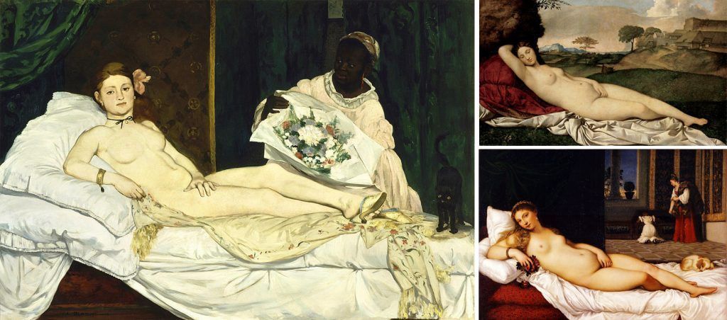 De izquierda a derecha: Edouard Manet (1863), «Olympia», Musée d’Orsay; Giorgione (1507-1510), «Venus dormida», Gemäldegalerie Alte Meister Dresden; Tiziano (1534), «Venus de Urbino», Galería Uffizi.